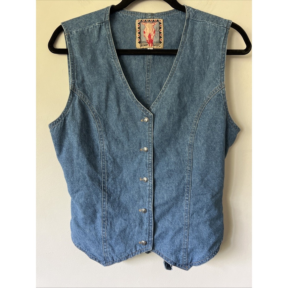 Vintage Desert West Denim Vest Women M Tie Small Buffalo Buttons